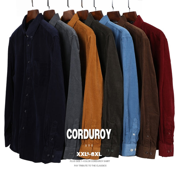 7 Colors Men&#39;s Corduroy Long Sleeve Shirt Business Fashion Casual Loose Shirt Male Brand Clothes Plus Size 5XL 6XL 7XL 8XL
