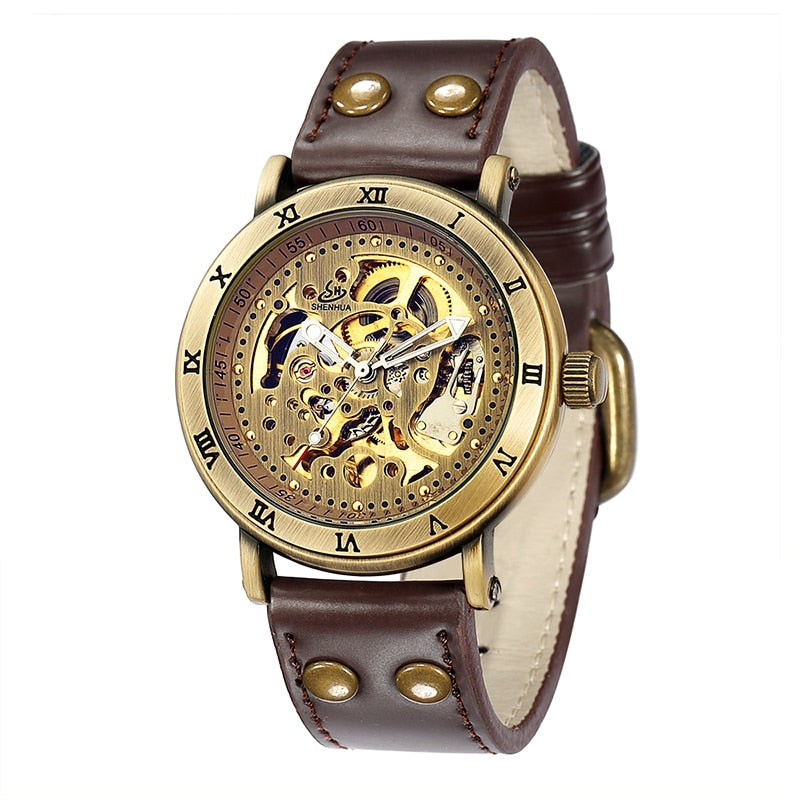 Retro Style Men Automatic Mechanical Watch Skeleton Steampunk Genuine Leather Band Mens Self Winding Wrist Watches Men Reloj