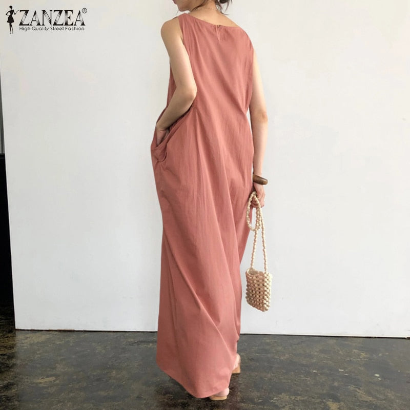 Elegant Solid Maxi Dress Women's Summer Sundress ZANZEA 2022 Casual Sleeveless sarafans Vestidos Female Cotton Robe