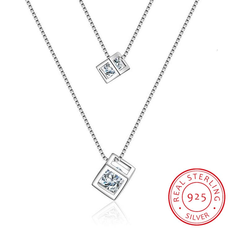 925 Sterling Silver Square Cube Zirconia Choker Statement Necklace For Women Double Layer Pendants &amp; Necklaces S-n209