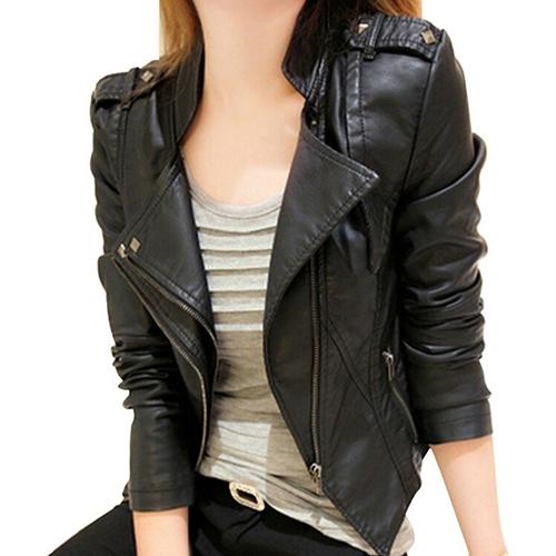 11.11 Women Faux Leather Jacket Slim Outerwea Black Long Sleeve Zipper Turn-down Collar Short Coat Slim- Fit Top Christmas Gift