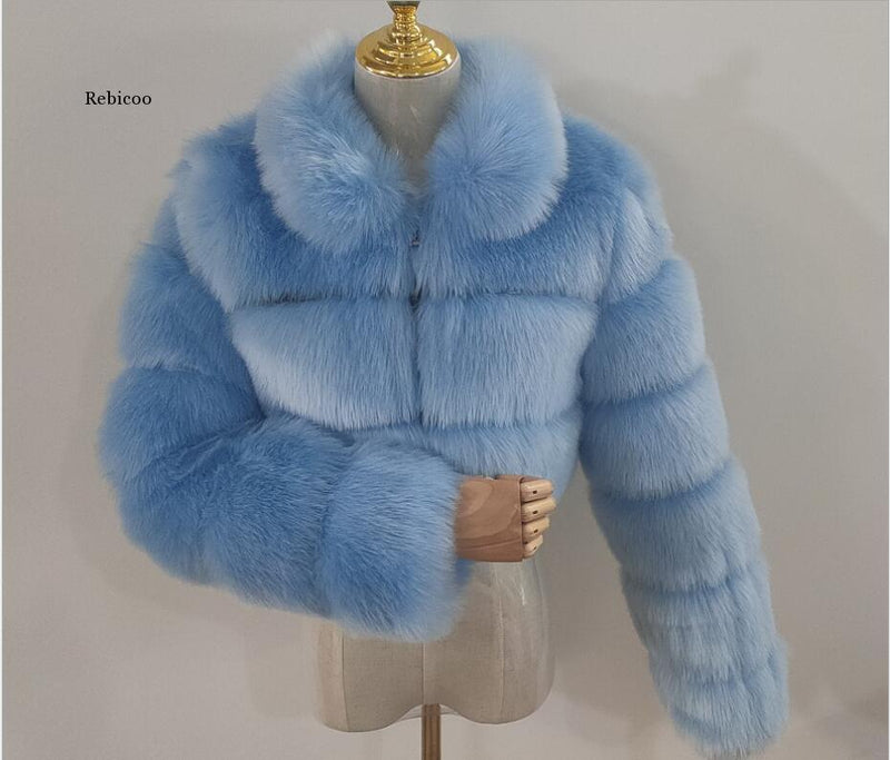 Cropped fur coat Woman's thick Fox Fur Coat Short Winter Style Fashion Women Furry Jacket Faux Fur Top