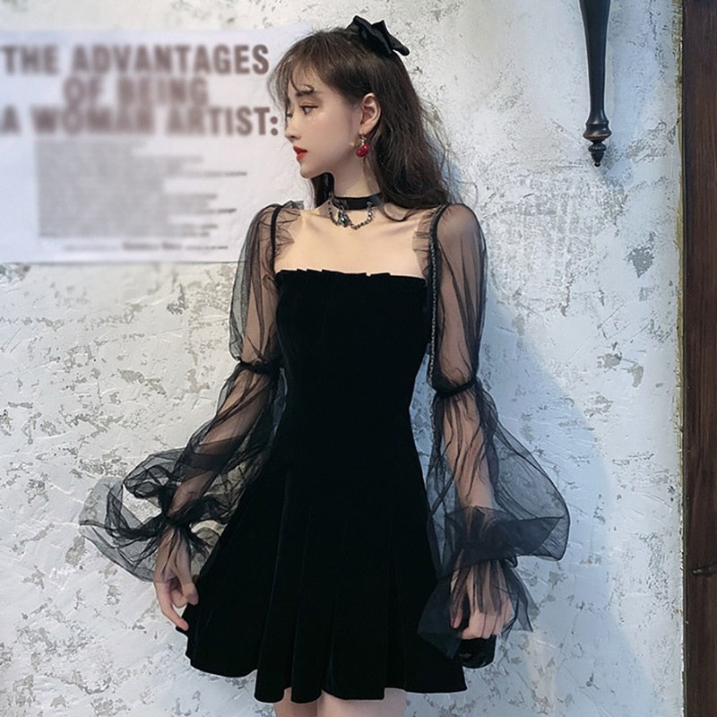 Fashion Mesh Stitching Bubble Sleeve Dresses Women Spring &Autumn Strapless Waist Puffy Dress Black