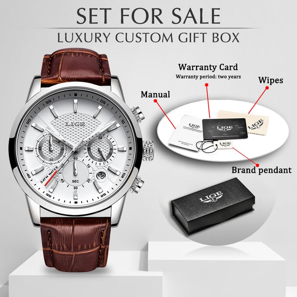 LIGE Top Brand Luxury Fashion New Leather Strap Quartz Men Watches Casual Date Business Male Wristwatches Homme Montre Clock+Box