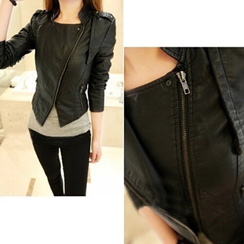 11.11 Women Faux Leather Jacket Slim Outerwea Black Long Sleeve Zipper Turn-down Collar Short Coat Slim- Fit Top Christmas Gift