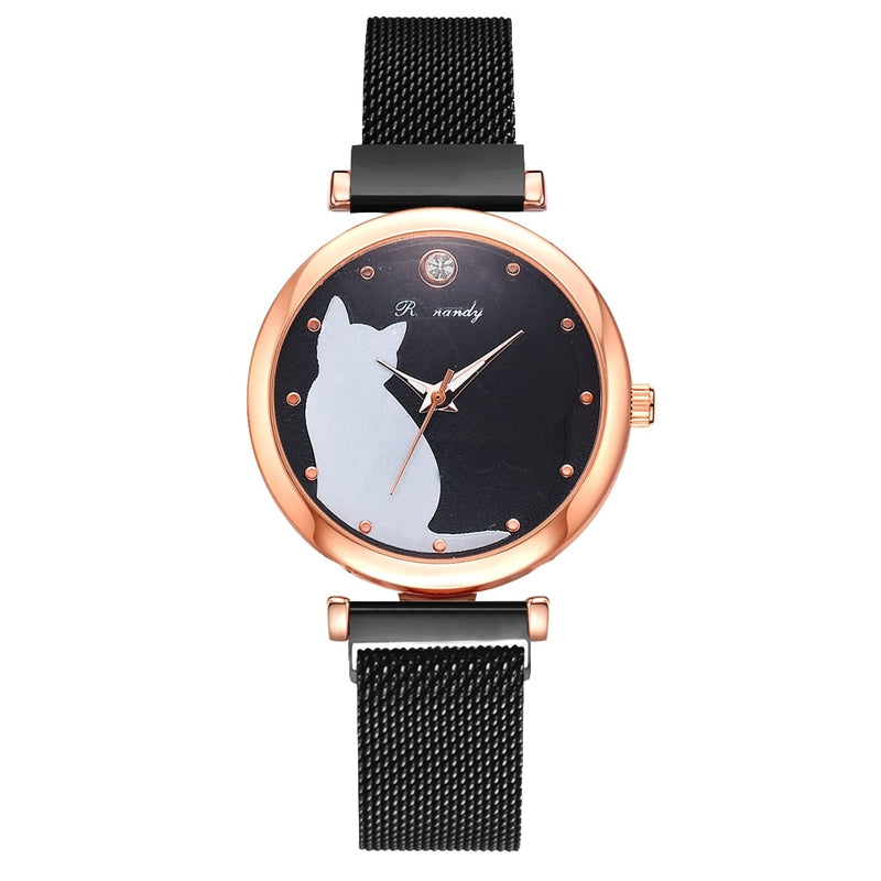 Fashion Watch Set Women 5pcs Quartz Wristwatch Mesh Bracelet Cat Dial Luxury Woman Watch Casual Ladies Clock Relogio Femenino