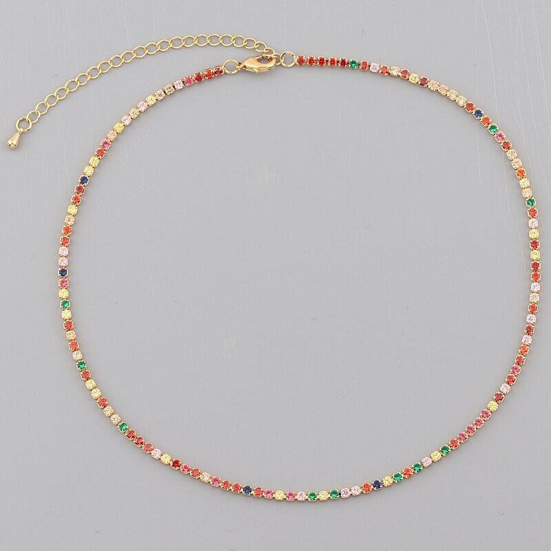 Hot Selling Tennis Chain Rainbow Necklaces Gold filled Fashion Colorful Rainbow CZ Chocker Necklace For Women Femme Jewelry New