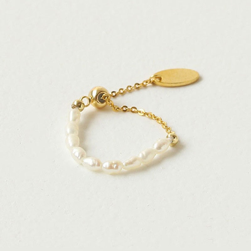 French Simple Retro Pearl Chain Pull Adjustment Gold Color Rings Girl&