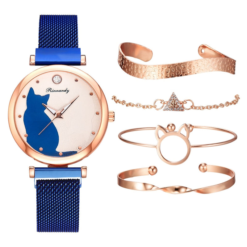 Fashion Watch Set Women 5pcs Quartz Wristwatch Mesh Bracelet Cat Dial Luxury Woman Watch Casual Ladies Clock Relogio Femenino