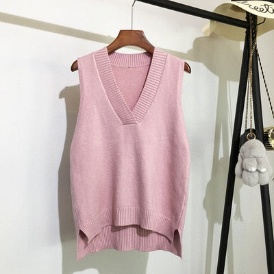 Autumn Women's Sweater Vest V-neck Sleeveless Irregular Casual Loose Knitted Pullover Tops Female Outerwear