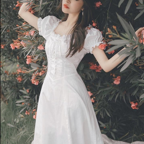 Elegant Fairy Dress Women White French Puff Sleeve Chiffon Dress Korean Japan Style Sweet Vintage Retro Summer Dress 2020