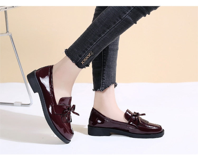 Spring Flats Women Shoes Bowtie Loafers Patent Leather Women's Low Heels Slip On Footwear Female Pointed Toe Thick Heel
