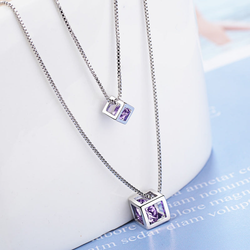 925 Sterling Silver Square Cube Zirconia Choker Statement Necklace For Women Double Layer Pendants &amp; Necklaces S-n209