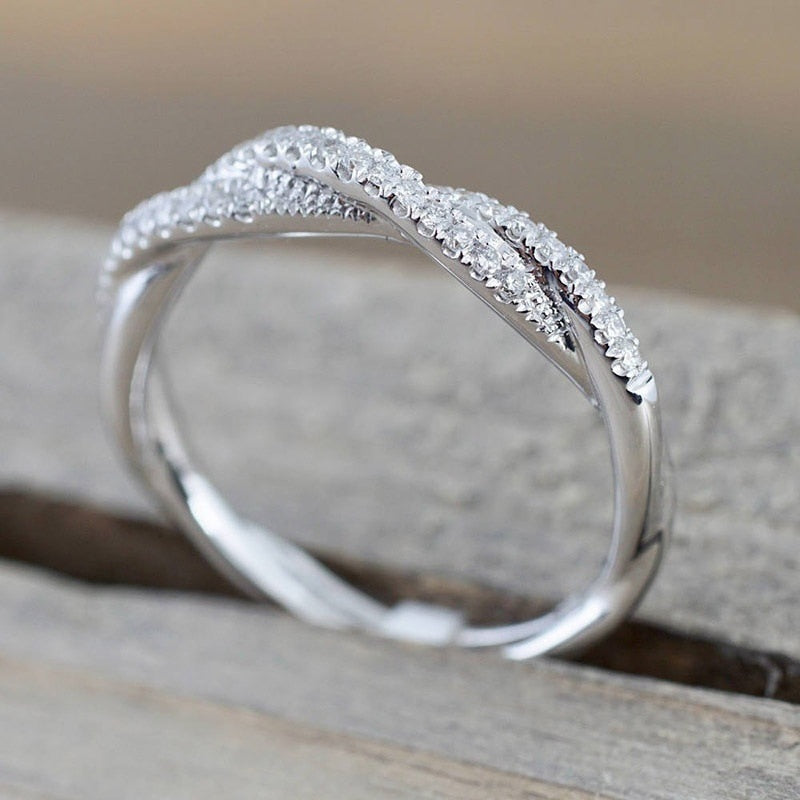 Huitan Fashion Twist Rings for Women Silver Color Band White CZ Simple Stylish Girls Accessories Party Daily Versatile Jewelry