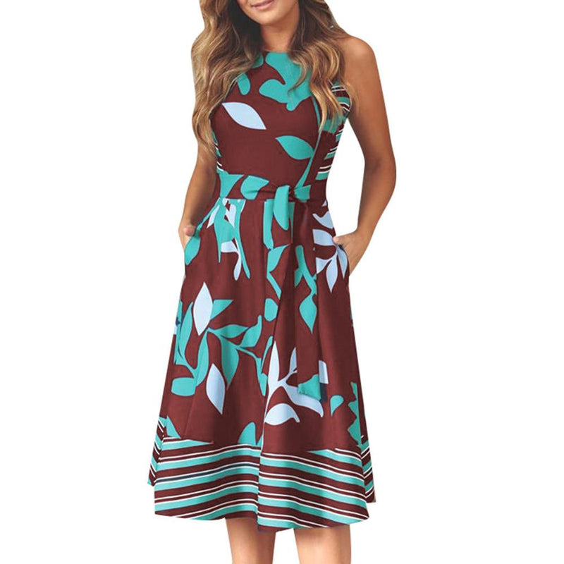 NEDEINS 2020 Women Summer Printed Dress O Neck Sleeveless Boho Sashes A Line Dress Casual Ladies Beach Dress Sexy Robe