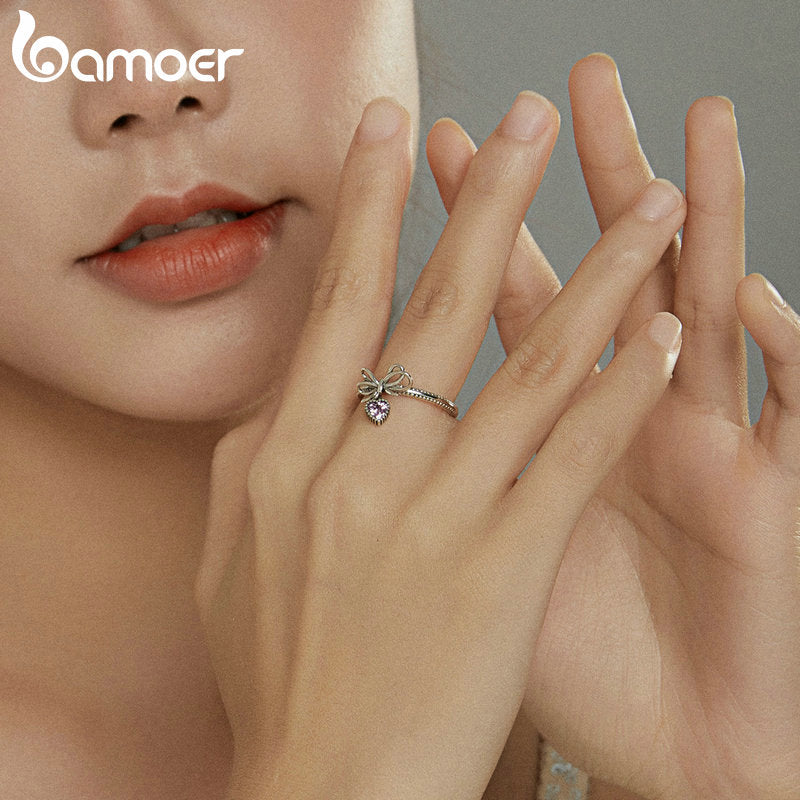 bamoer 925 Sterling Silver Gift with Bow Finger Rings for Women Vintage Retro Stackable Rings Band Silver Fine Jewelry SCR682