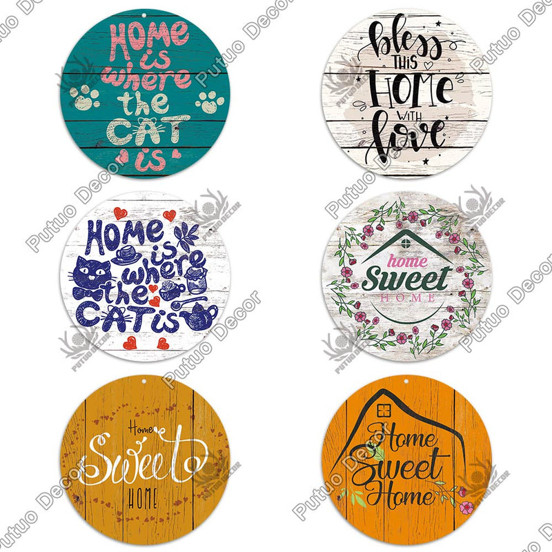 Putuo Decor Sweet Home Round Wooden Signs Home Wall Plaque Family Plaque Wood Gifts for Home Decor Living Room Door Decoration