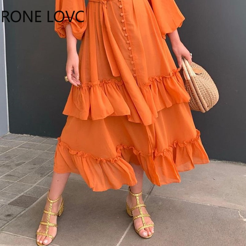 Women Ruffles Frill Hem Lantern Sleeve Button Front Dress Casual Dress Summer Dress