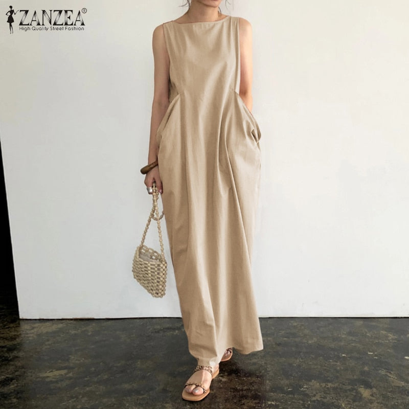 Elegant Solid Maxi Dress Women's Summer Sundress ZANZEA 2022 Casual Sleeveless sarafans Vestidos Female Cotton Robe