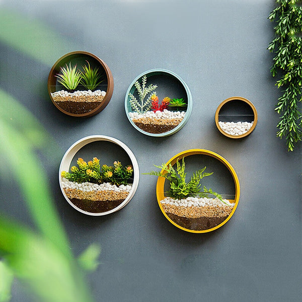 Wall Vase Art Solid Color Bonsai Round Vase Artificial Flower Basket Wall Planter Pot Colored Stone Hanging Vases for Home Decor