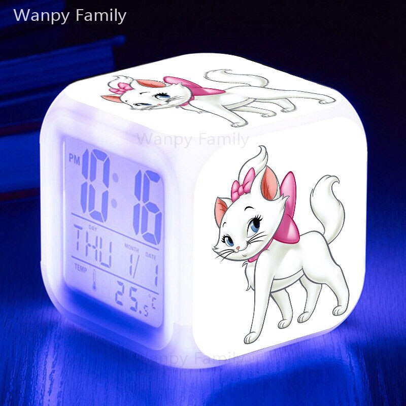 Cute Marie Cat Alarm Clock 7 Color Glowing LED Digital Clock Kids Room Touch Sensing Small Night Lamp Desk Clock Gift For Child