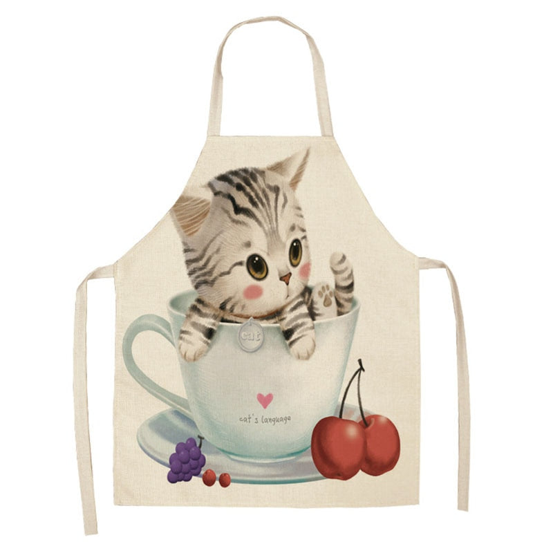 Kitchen Apron Home Cleaning Tools Cotton Linen Waterproof 68x55cm Sleeveless Waist Bib Easy Cleaning Cute Cartoon Cat Printed