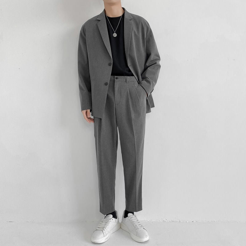 IEFB Men's Suit Two Pieces Set Simple Light Mature Loose Long Sleeve Suit Coat + Suit Pants Green High Quality New 2022 9Y8066
