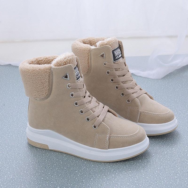 2021 Winter Boots Women Ankle Boots Warm PU Plush Winter Woman Shoes Sneakers Flats Lace Up Ladies Shoes Women Short Snow Boots