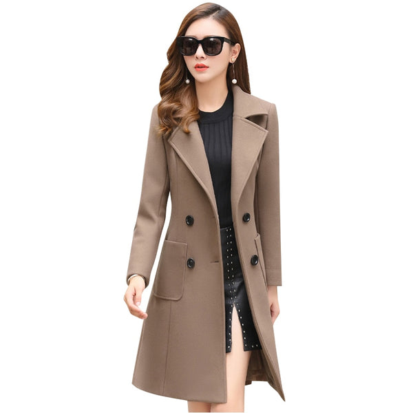 Woolen Coat Women Turn-Down Collar Double Breasted Coats Women 2021 Autumn Korean Slim Khaki Black Woolen Jacket Female LD1423