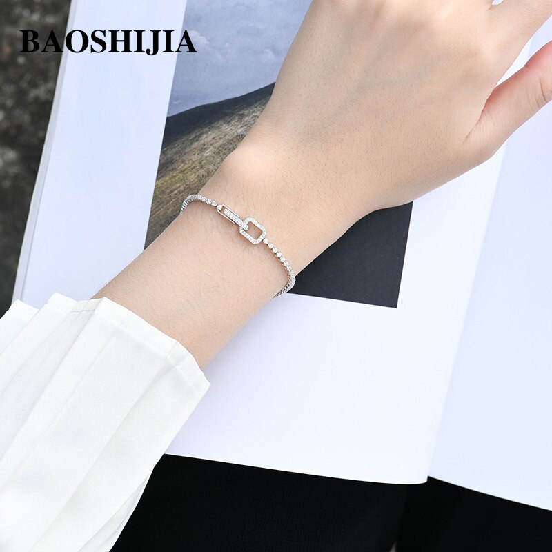 BAOSHIJIA Fashion Solid 18k White Gold Heart/Square/Round Diamonds Bracelet Luxurious Fine Jewelry Polish Shank Brilliant