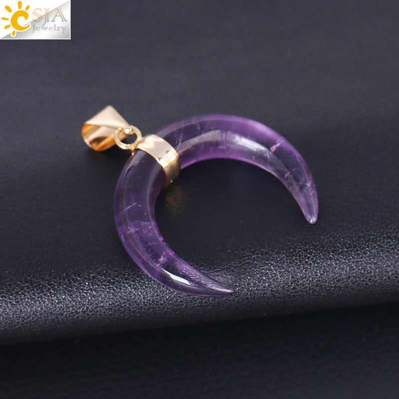 CSJA Natural Stones Crescent Moon Necklaces Pendants Purple Crystal Pink Quartz White Stone Gold Color Reiki Women F306