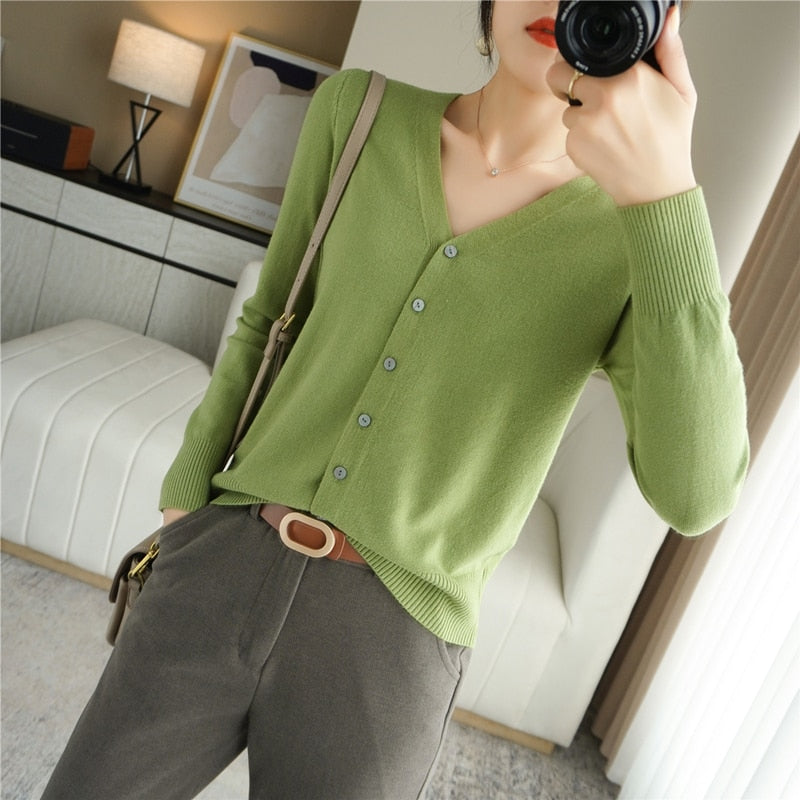 Spring Autumn New V-Neck Knitted Cardigan Women's Loose Large Size Thin Sweater All-Match Jacket Pure Color Basic Small Cardigan