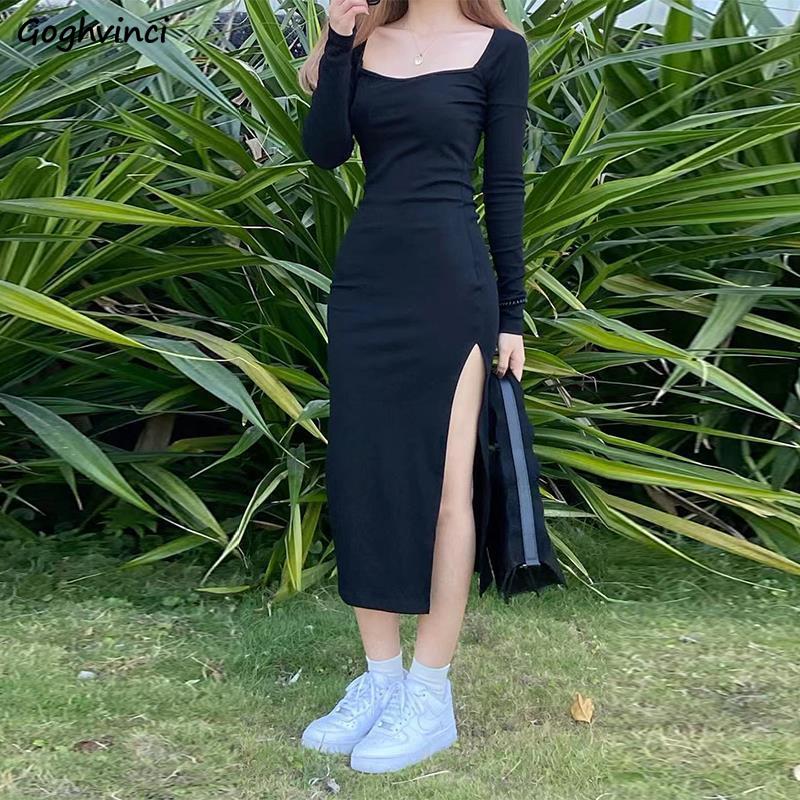 Women Long Sleeve Dress Mid-calf Length Square Collar Black Sheath Retro Slim Sexy Vintage Side Slit Stretchy All-match Simple