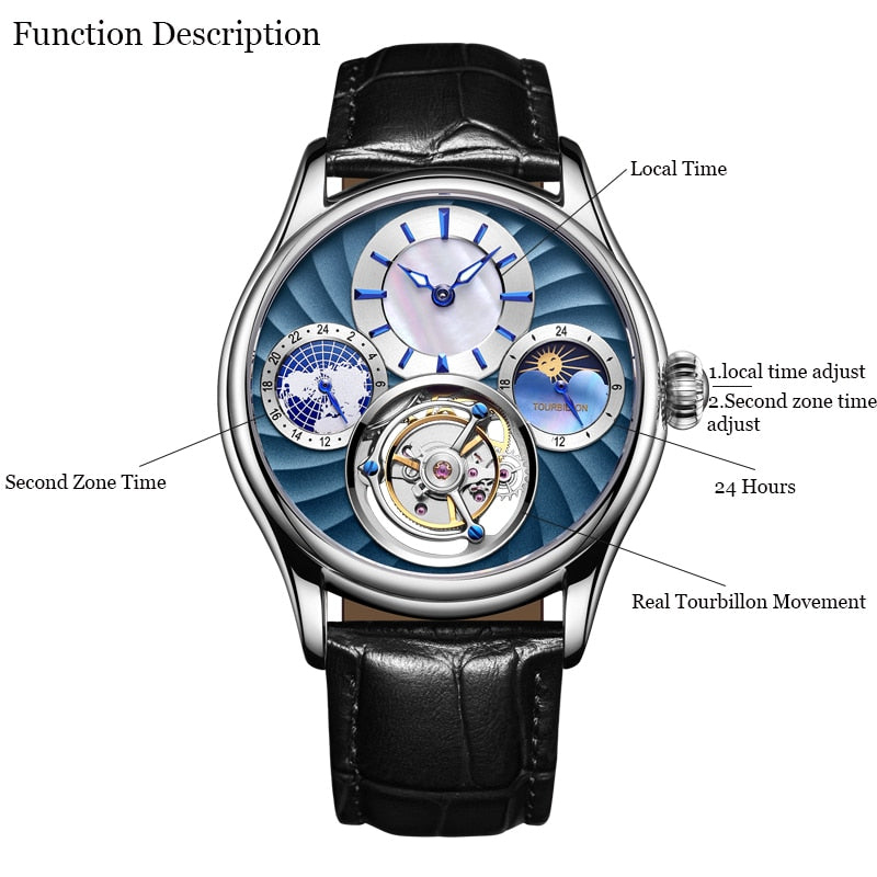 AESOP Watches Mens Real Tourbillon Watch GMT Mechanical Hand Wind Top Brand Luxury Male Clock Sapphire Blue Relogio Masculino