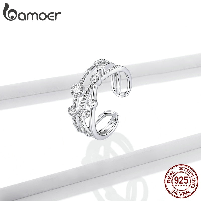 bamoer 925 Sterling Silver Shining Stars Finger Rings for Women Vintage Stackable CZ Rings Band Silver Fine Jewelry BSR162