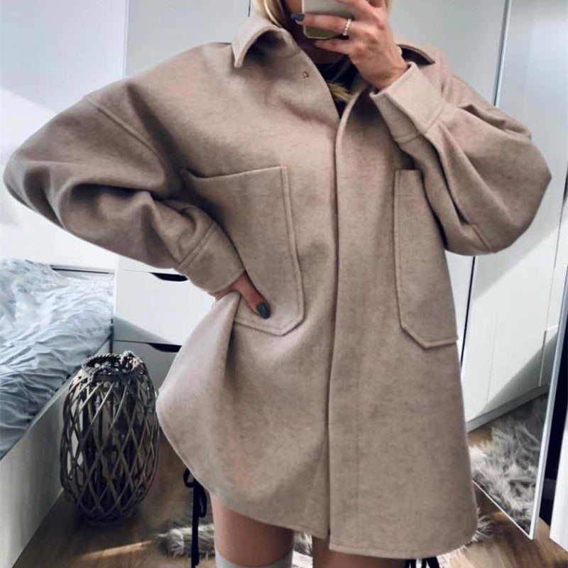 PUWD Casual Woman Camel Loose Pocket Woolen Shirt 2022 Fashion Ladies Autumn Long Sleeve Thick Blouse Coat Female Long Outwear