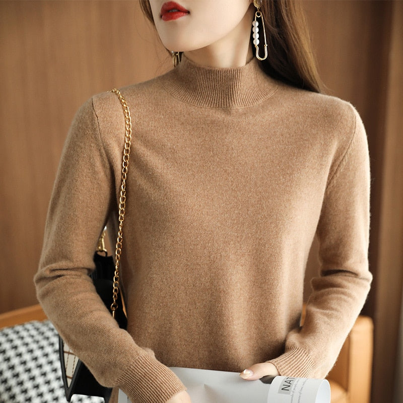 21 Autumn Winter New Half Turtleneck Sweater Women's Large Size Loose Basic Pure Color Wild Knitted Bottoming Shirt Soft Stretch