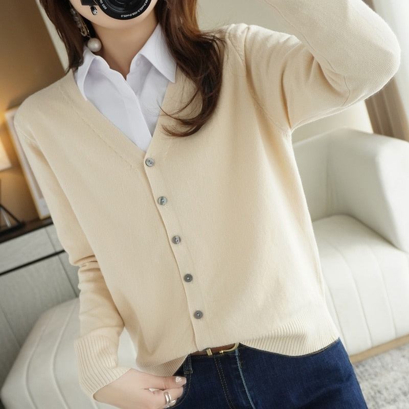 Spring Autumn New V-Neck Knitted Cardigan Women's Loose Large Size Thin Sweater All-Match Jacket Pure Color Basic Small Cardigan