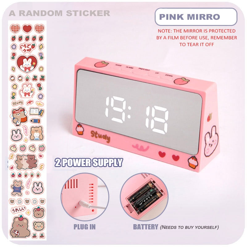 W&amp;G Ins Digital Clock Table Clock Snooze Alarm Cute Silent Mirror Clock Student Desktop LED Clock Electronic Clock for Children