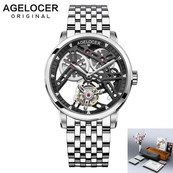 AGELOCER Men&#39;s Luxury Tourbillon Skeleton Mechanical Movement Watches Sapphire Wristwatch For Men steel montre bracelet homme