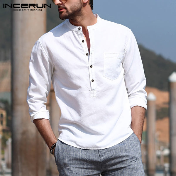 INCERUN Men's Casual Shirt Cotton Solid Color Long Sleeve Blouse Chic Stand Collar Fashion Handsome Tops 2022 Streetwear Camisas