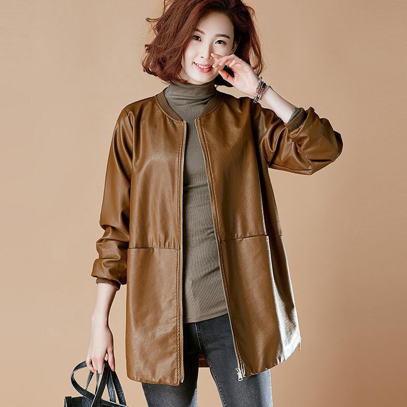 O-Neck Spring Woman's Pu Leather Jackets Long Sleeve Casual Ladies Faux Leather Coats Basic  Female Jacket with Pockets