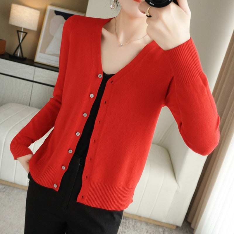 Spring Autumn New V-Neck Knitted Cardigan Women's Loose Large Size Thin Sweater All-Match Jacket Pure Color Basic Small Cardigan