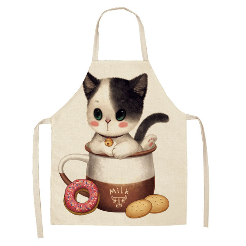 Kitchen Apron Home Cleaning Tools Cotton Linen Waterproof 68x55cm Sleeveless Waist Bib Easy Cleaning Cute Cartoon Cat Printed