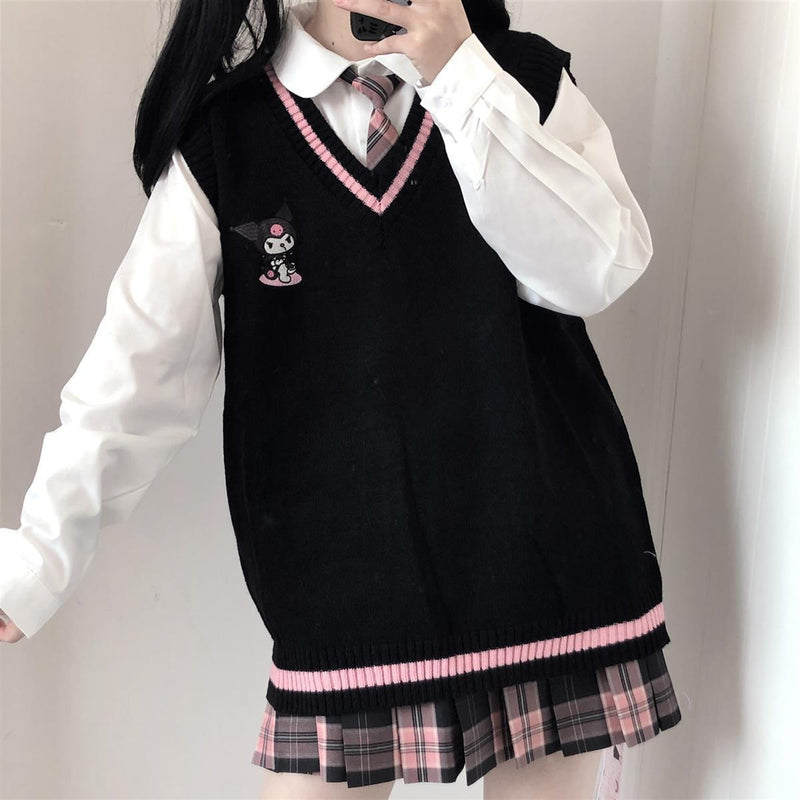 Kawaii Kuromi Cinnamoroll My Melody Sanrioes Wool Sweater V-Neck Waistcoat Vest Cute Women&