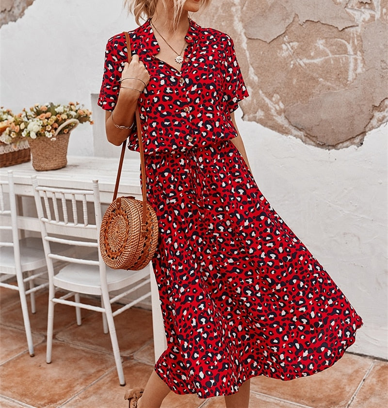 Ladies Bohemian Leopard Print Shirt Dress Women Casual Midi Holiday Summer Dress Female A-line Loose Women Beach Dress Vestidos