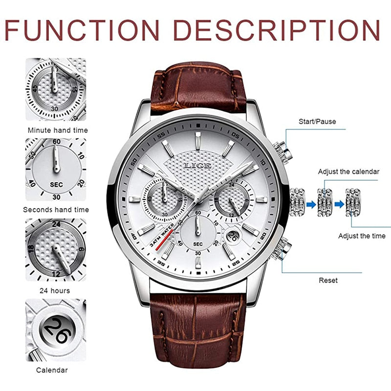 Watches Mens 2022 LIGE Top Brand Luxury Casual Leather Quartz Men&