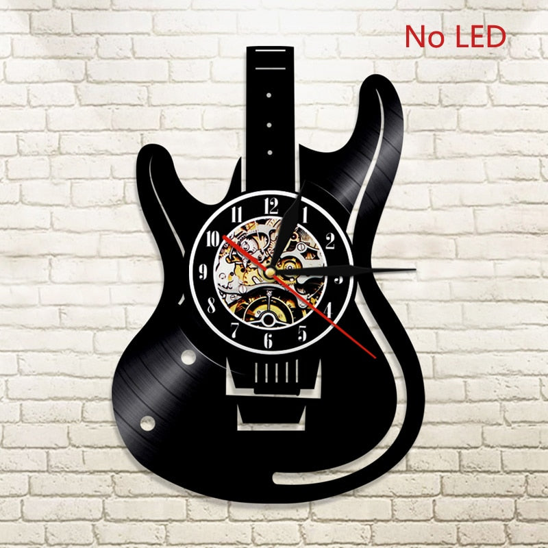 Vinyl Record LED Wall Clock Modern Design Music Theme Guitar Clock Wall Watch Home Decor Musical Instruments Gift For Music Love