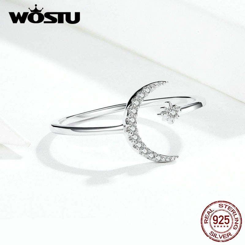 WOSTU Real 925 Sterling Silver Moon Wedding Opening Rings For Women Dazzling Zircon Adjustable Rings Fine Jewelry Gift CQR569