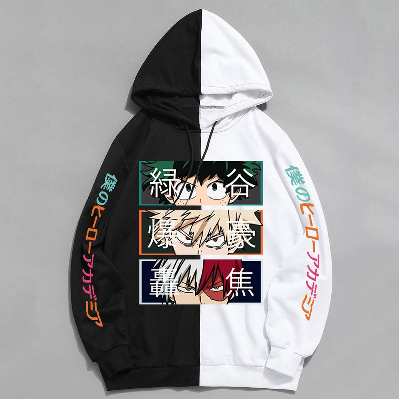 Anime My Hero Academia Hoodies Cool Shoto Todoroki Bakugou Deku Pullover Hooded Sweatshirt Patchwork Men&